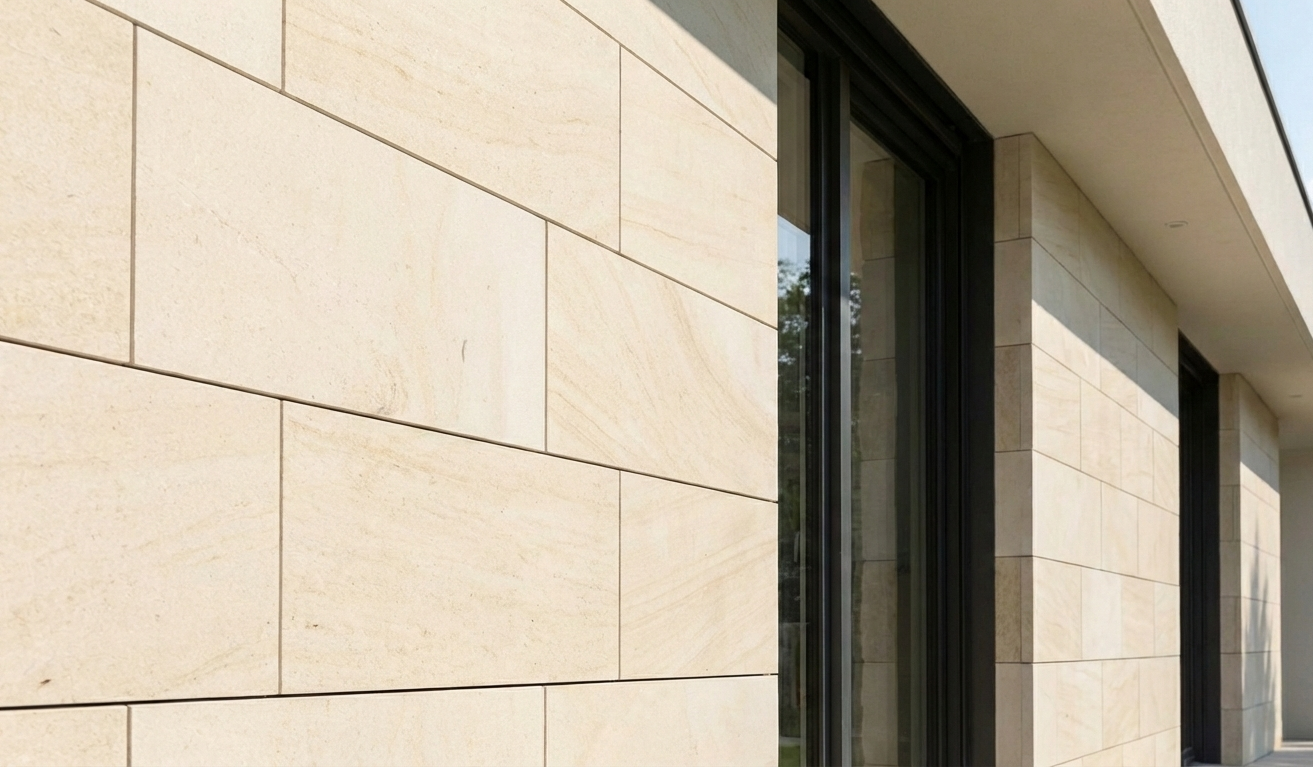 Large-format cream limestone exterior cladding panels on a contemporary home