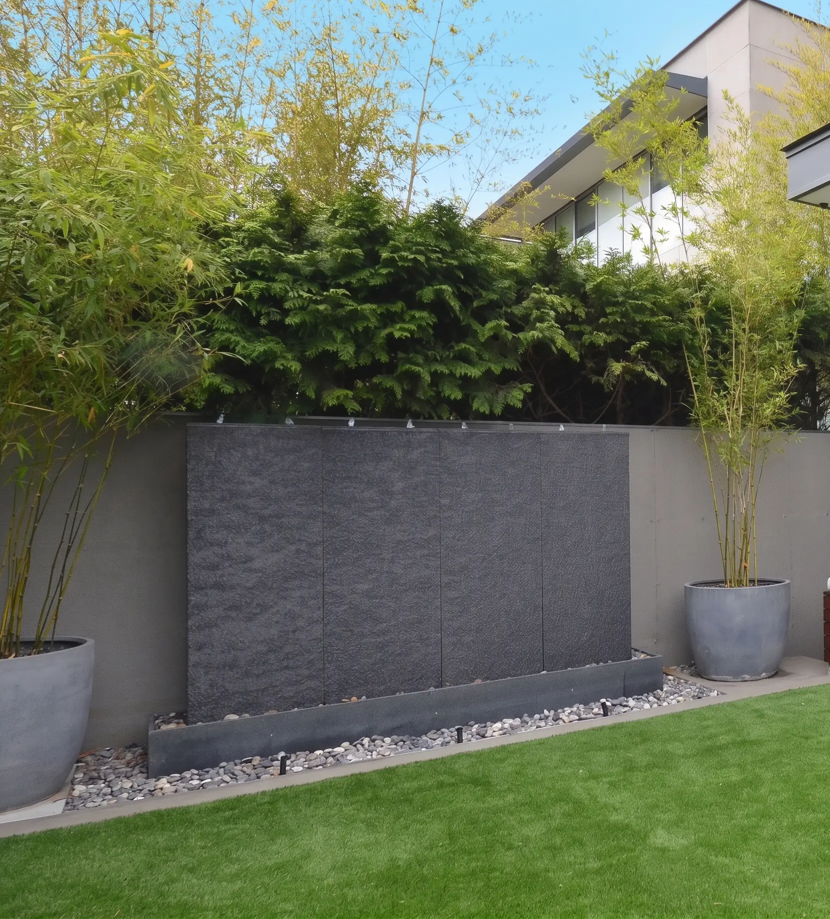 Modern granite water wall fountain with a smooth sheet of water cascading into a stone basin